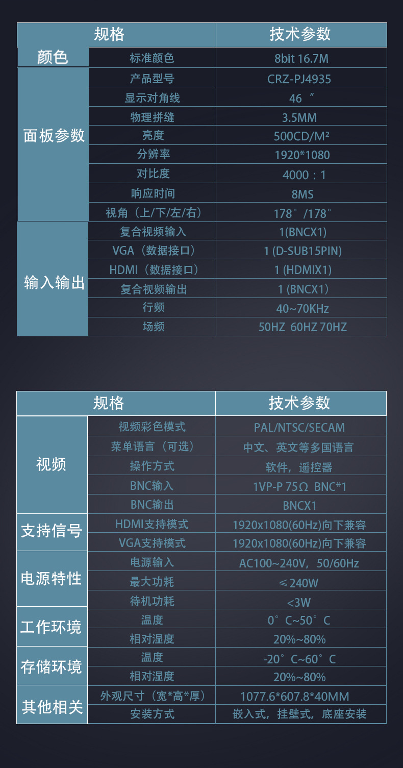 46寸京东方原装拼接屏3.5mm拼缝500cd/㎡规格参数