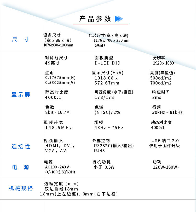 49寸LG原装拼接屏1.8mm拼缝500cd/㎡规格参数